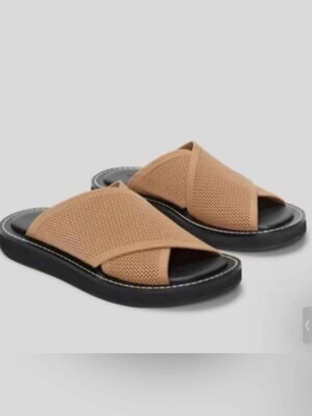 Everlane ReKnit Tan Cross‑Strap Slide Sandals with Black Footbed 7.5